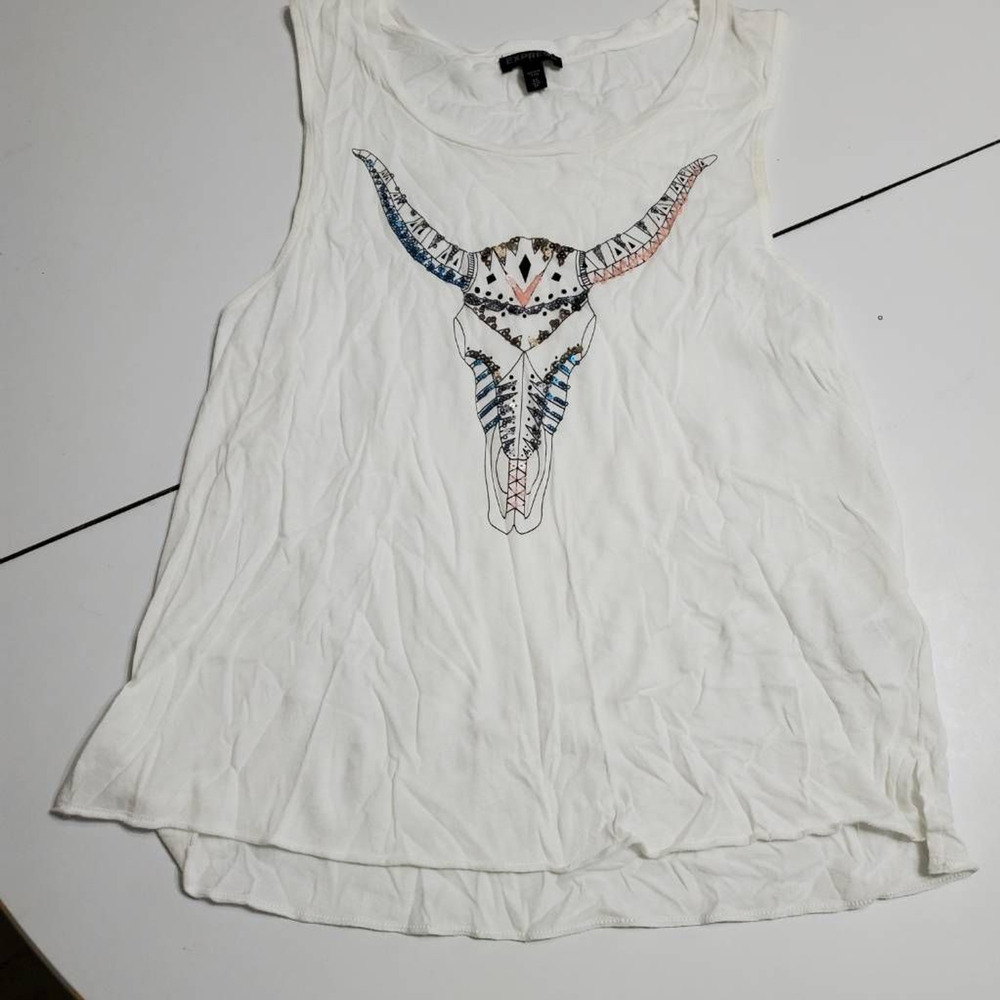 Express Womens Tank Top White Buffalo Skull Sequinned Scoop Neck High Low XS